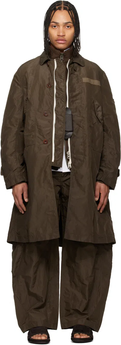 Sacai Khaki Treated Nylon Twill Coat In Brown