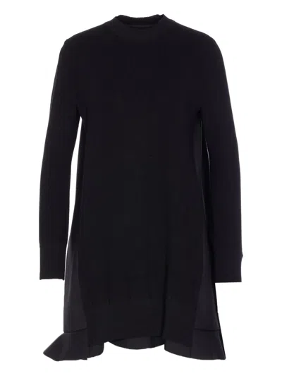 Sacai Knit-panel Ruffled Mini Dress In Black
