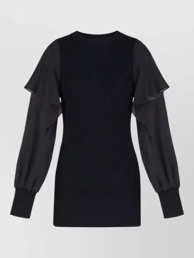 Sacai Knit Sweater Crew Neck Ruffle Detail In Black