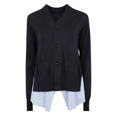 Sacai Knit Wool Cardigan With Striped Hem Insert In Black