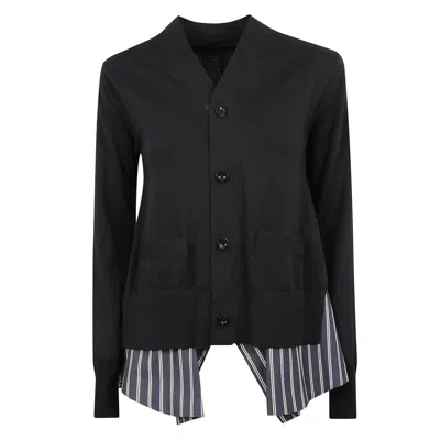 Sacai Knit Wool Cardigan With Striped Hem Insert In Multi