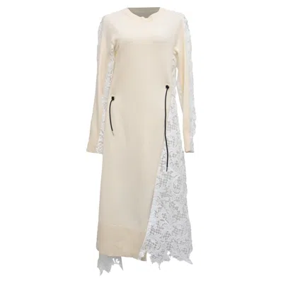Sacai Knitted Lace Accent Long Sleeve Midi Sweater Dress In Cream Wool In White