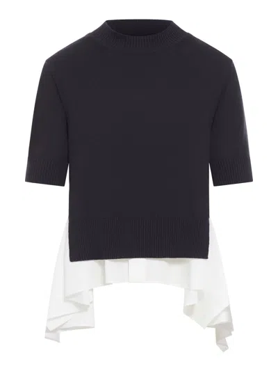 Sacai Knitted T-shirt With Cotton Inserts In Black