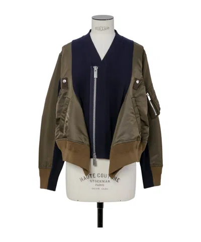 Sacai Knitted-panel Bomber Jacket In Green