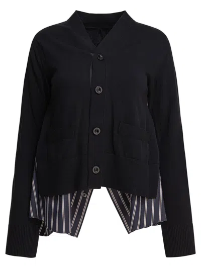 Sacai Long-sleeved Knitted Cardigan In Black