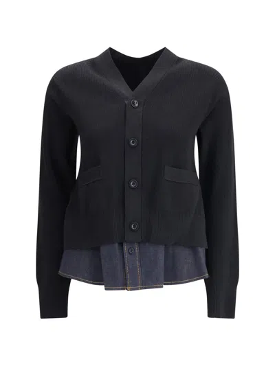 Sacai Cardigan With Denim Panel In Multi