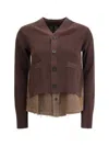 Sacai Cardigan With Denim Panel In Brown