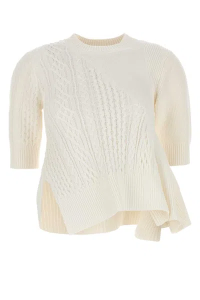 Sacai Asymmetric Cotton Blend Sweater Three Quarter Sleeves In White