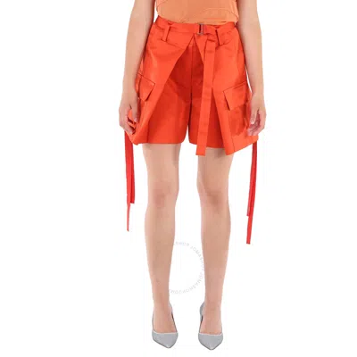 Sacai Ladies Orange Satin Cargo-pocket Shorts In Red