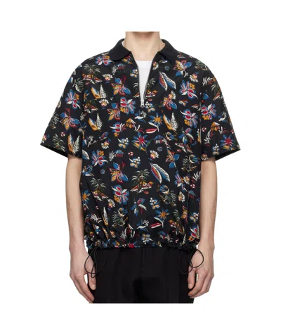 Sacai Lapel Short Sleeve Polo Shirt In Black