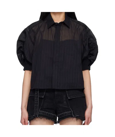 Sacai Lapel Short Sleeve Shirt In Black