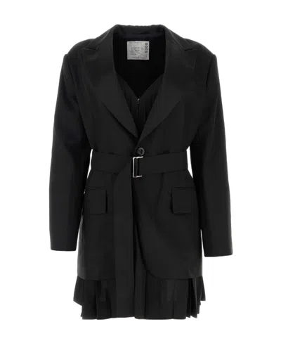 Sacai Layered Belted Single-breasted Blazer In Black