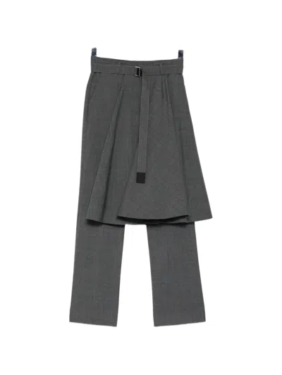 Sacai Layered Belted Trousers In Gray