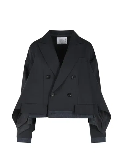 Sacai Tailored Wool Blend Jacket Button Detail In Black