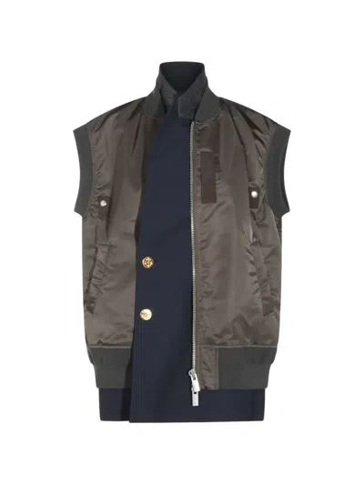Sacai Layered Bomber-style Gilet In Green