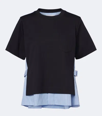Sacai Striped Poplin-trimmed Cotton-jersey T-shirt In Blue
