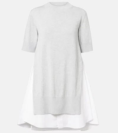 Sacai Layered Cotton Minidress In Gray