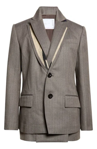 Sacai Layered Deconstructed Herringbone Jacket In Gray