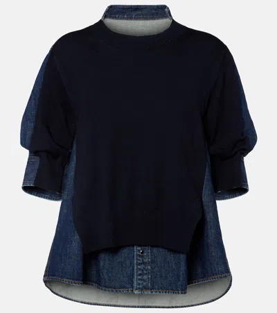 Sacai Layered Knit And Denim Shirt In Blue