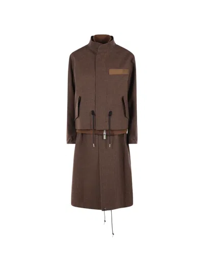 Sacai Shell-trimmed Wool-flannel Coat In Brown