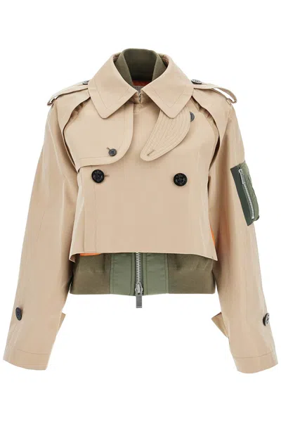 Sacai Layered Shell-trimmed Cotton-blend Gabardine And Knitted Jacket In Beige