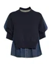 Sacai Layered Knit And Denim Shirt In Blue
