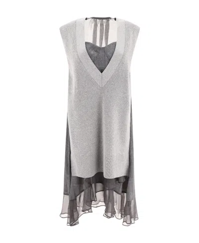 Sacai Layered Knitted Midi Dress In Gray