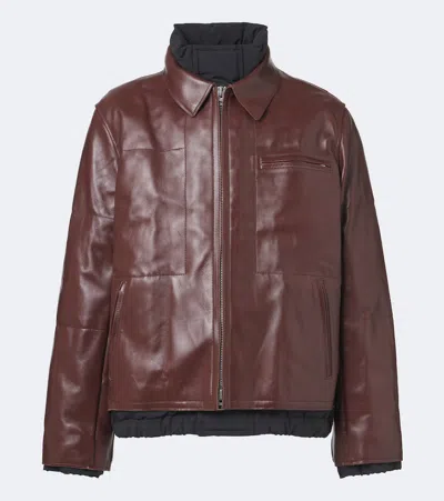 Sacai Layered Leather Down Jacket In Brown