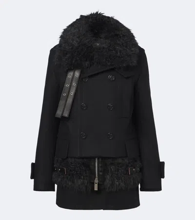Sacai Layered Leather-trimmed Wool Coat In Black