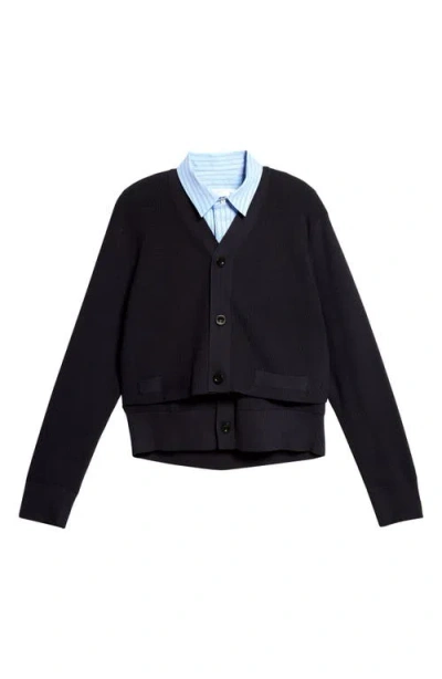 Sacai Layered Poplin & Knit Cardigan In Black