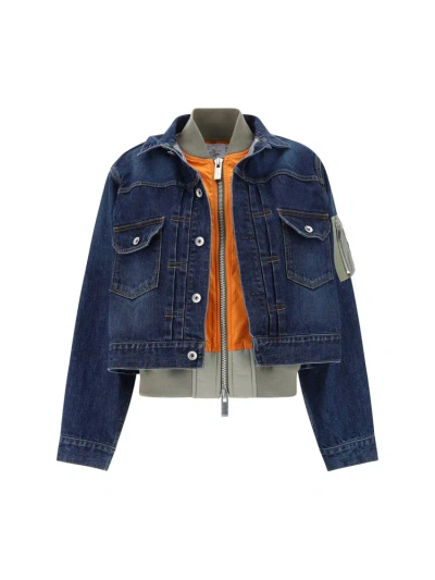 Sacai Layered Ribbed Hem Bomber Jacket In Blue