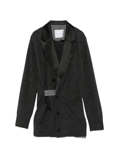 Sacai Layered Satin-lapel Cardigan In Black