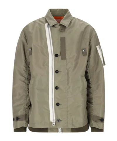 Sacai Layered Single-breasted Coat In Green