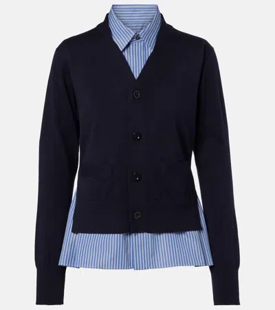 Sacai Layered Striped Cotton Cardigan In Blue