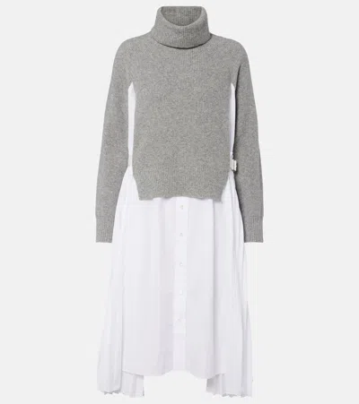 Sacai Layered Turtleneck Midi Dress In Gray
