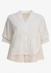 Sacai Short Sleeve V-neck Sweater With Ribbed Texture And Front Pockets In Neutral