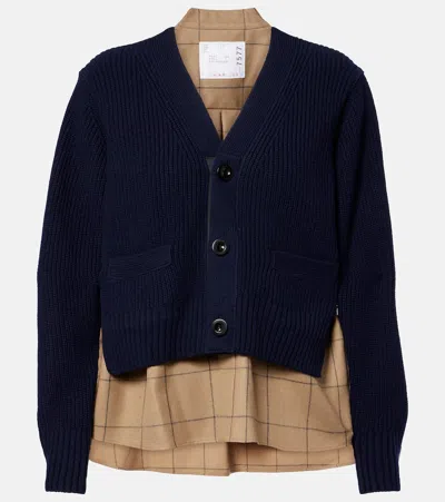 Sacai Layered Wool-blend Cardigan In Blue