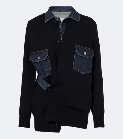 Sacai Layered Wool-blend And Denim Cardigan In Black