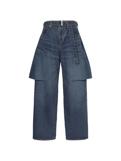 Sacai Layered-detail Belted Jeans In Blue