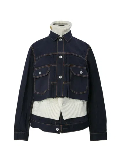 Sacai Layered-panel Raw-cut Denim Jacket In Blue