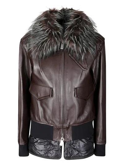 Sacai Convertible Plush-trimmed Padded Leather Jacket In Brown
