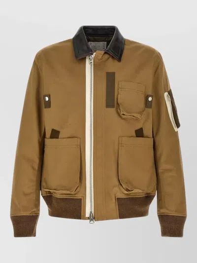 Sacai Leather Collar Padded Jacket In Brown