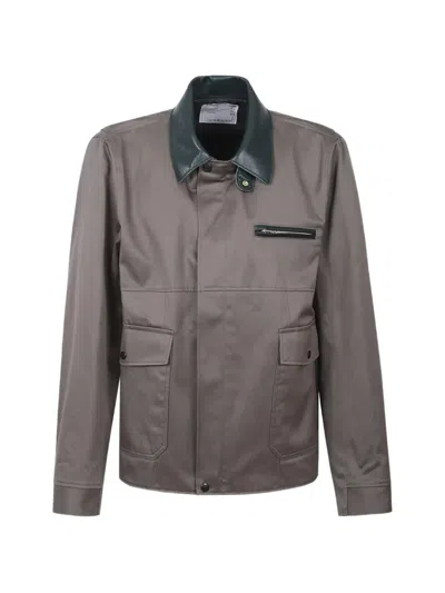 Sacai Leather-collar Shirt Jacket In Brown