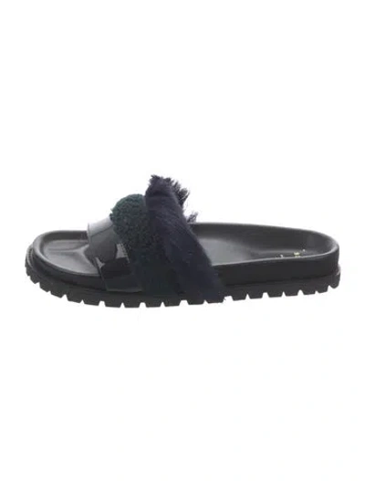 Pre-owned Sacai Leather Faux Fur Trim Slides In Blue
