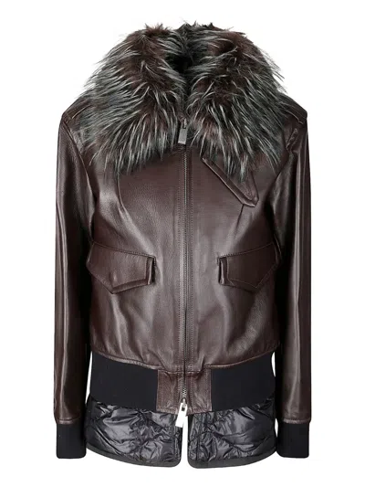 Sacai Convertible Plush-trimmed Padded Leather Jacket In Brown
