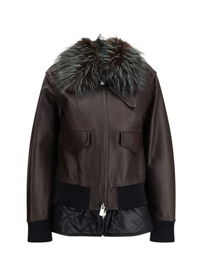 SACAI LEATHER JACKET WITH A PLUSH COLLAR