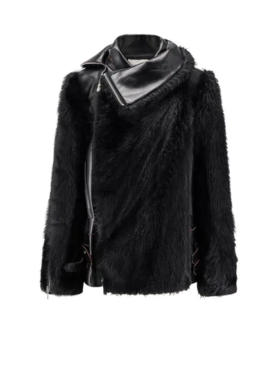 SACAI LEATHER JACKET WITH SYNTHETIC FUR INSERTS