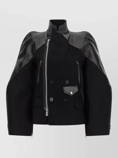 Sacai Leather Panelled Double Breasted Wool Jacket In Black