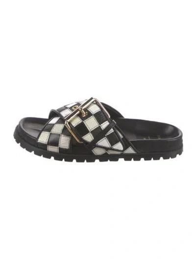 Pre-owned Sacai Leather Plaid Print Slides In Black