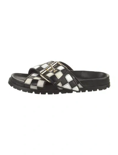 Pre-owned Sacai Leather Plaid Print Slides In Black